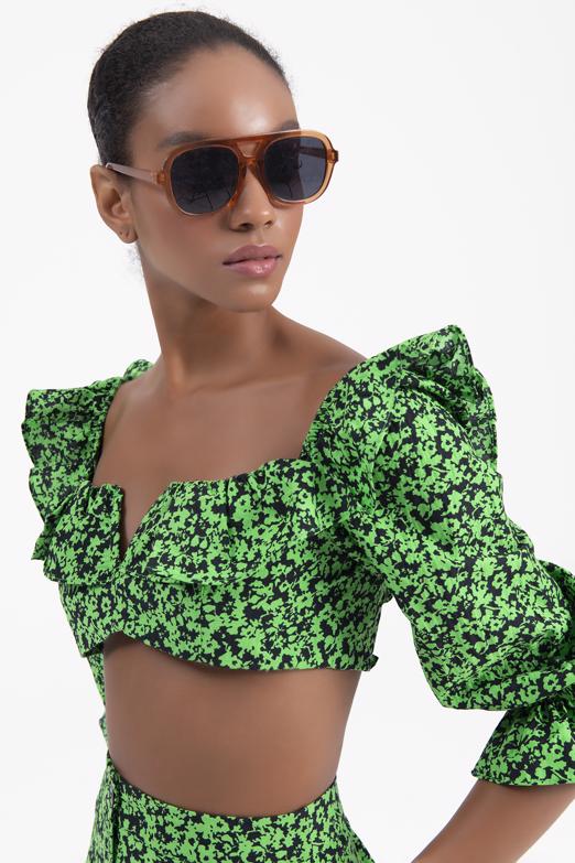 Bayan  Balon Kollu Fırfır Detaylı Crop Bluz