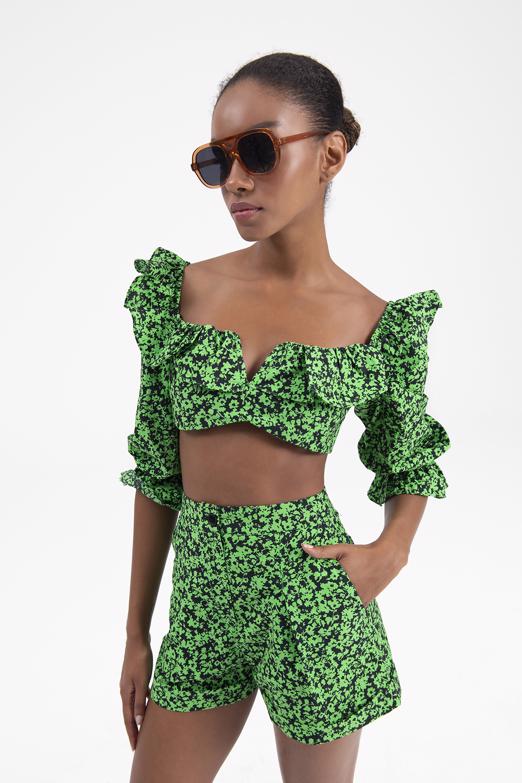 Bayan Yeşil Balon Kollu Fırfır Detaylı Crop Bluz - BSL