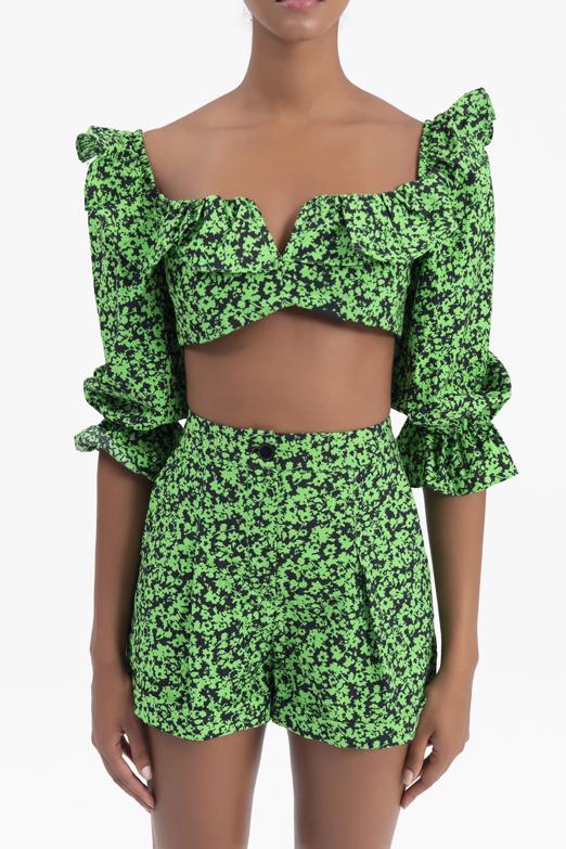 Bayan Yeşil Balon Kollu Fırfır Detaylı Crop Bluz - BSL