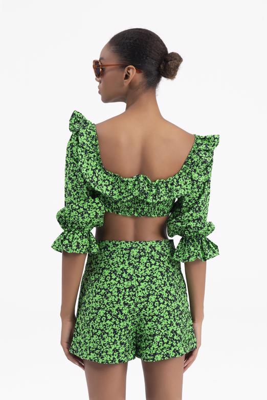 Bayan Yeşil Balon Kollu Fırfır Detaylı Crop Bluz - BSL