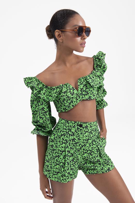 Bayan Yeşil Balon Kollu Fırfır Detaylı Crop Bluz - BSL