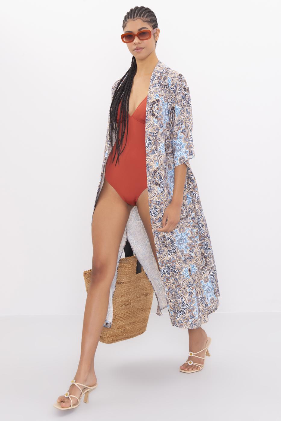 Bayan Mavi Desenli Uzun Kimono