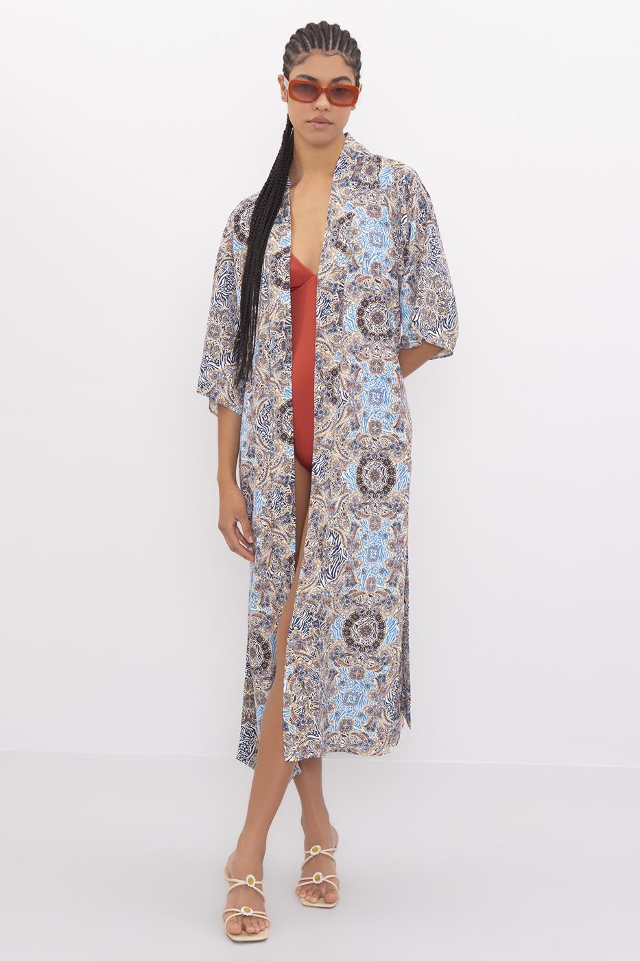 Bayan Mavi Desenli Uzun Kimono