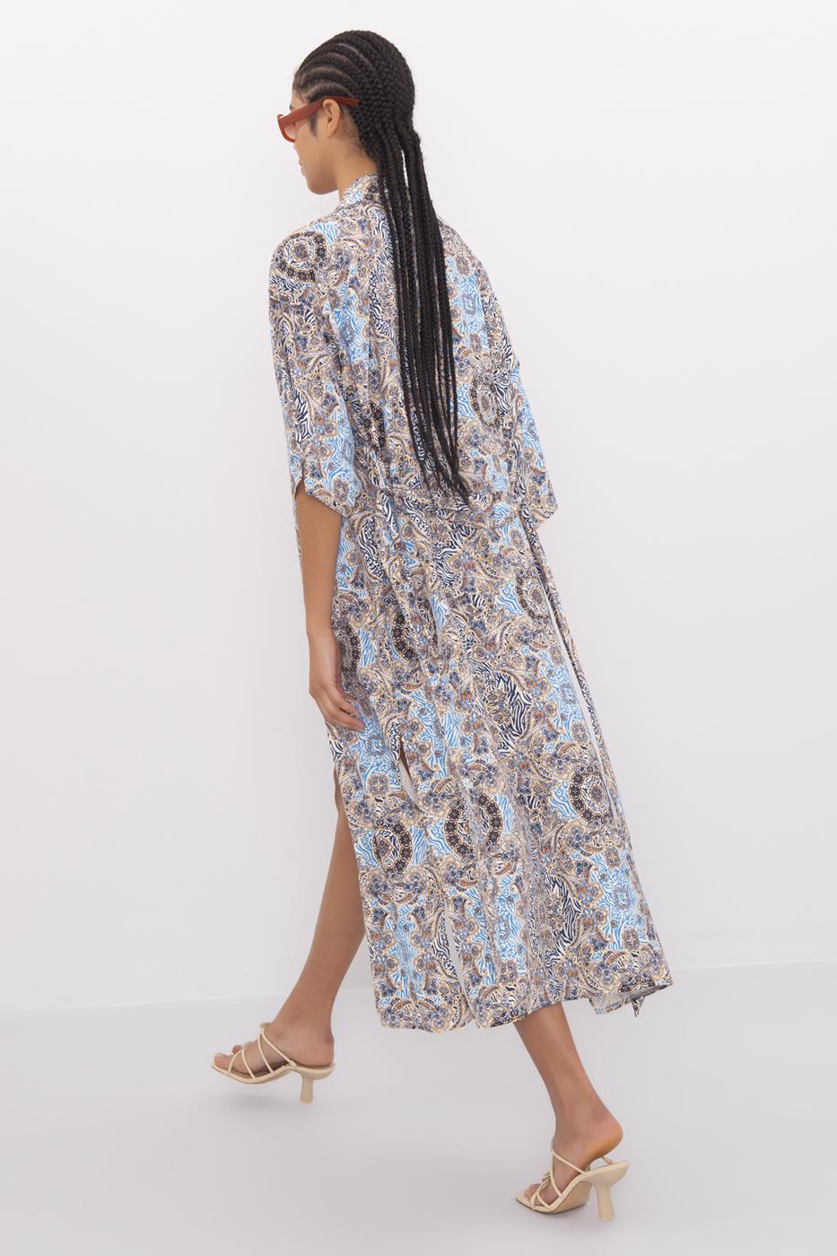 Bayan Mavi Desenli Uzun Kimono