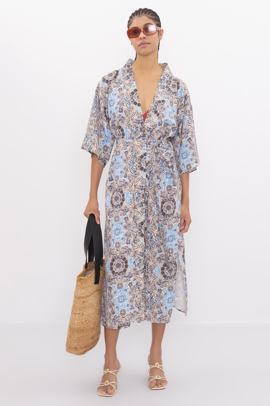 Bayan Mavi Desenli Uzun Kimono