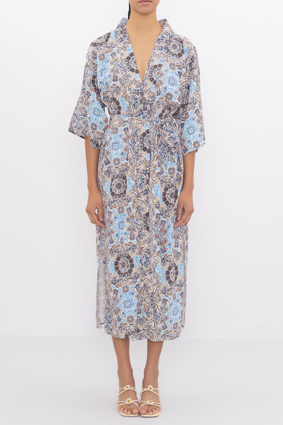 Bayan Mavi Desenli Uzun Kimono