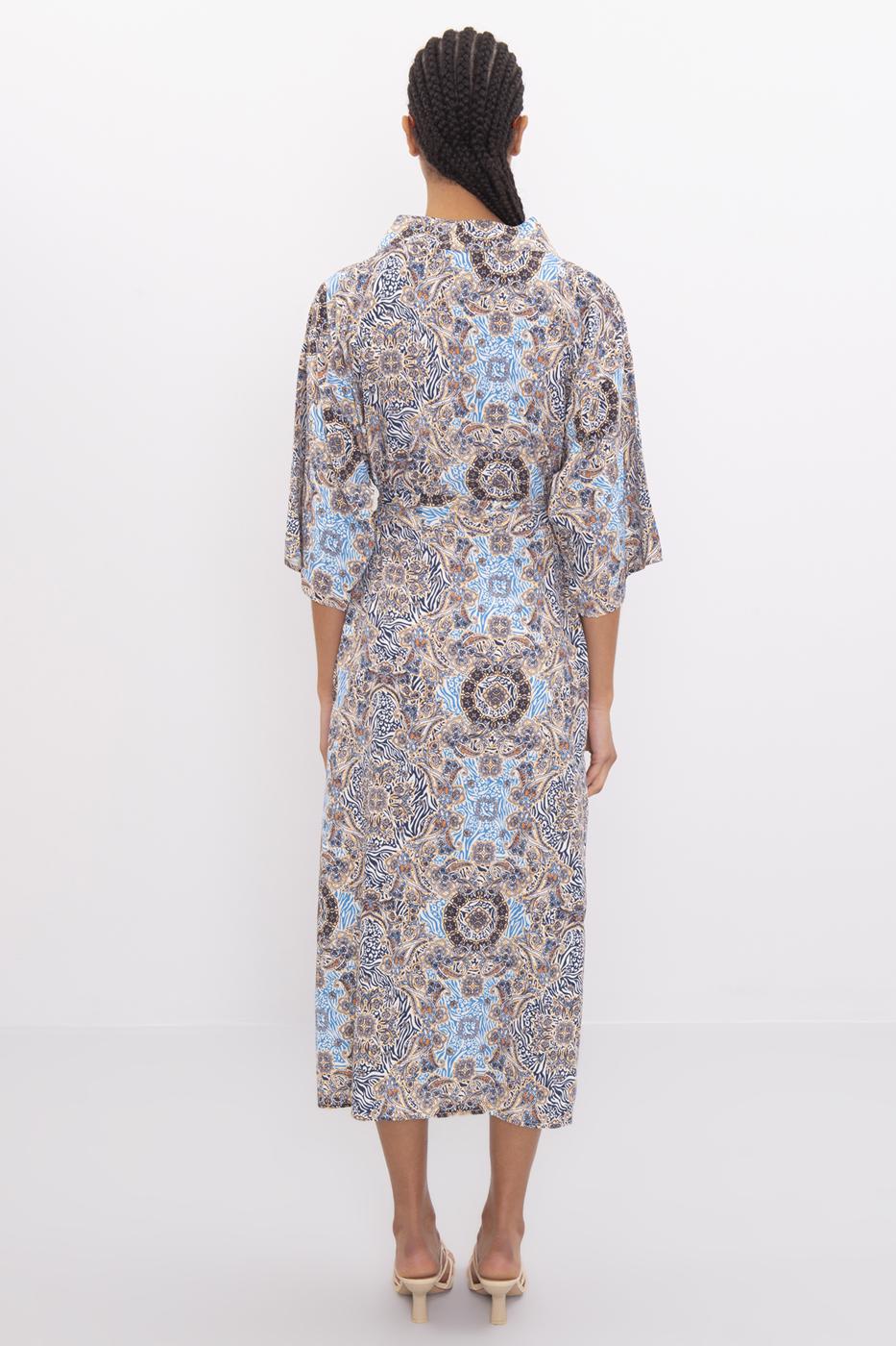 Bayan Mavi Desenli Uzun Kimono