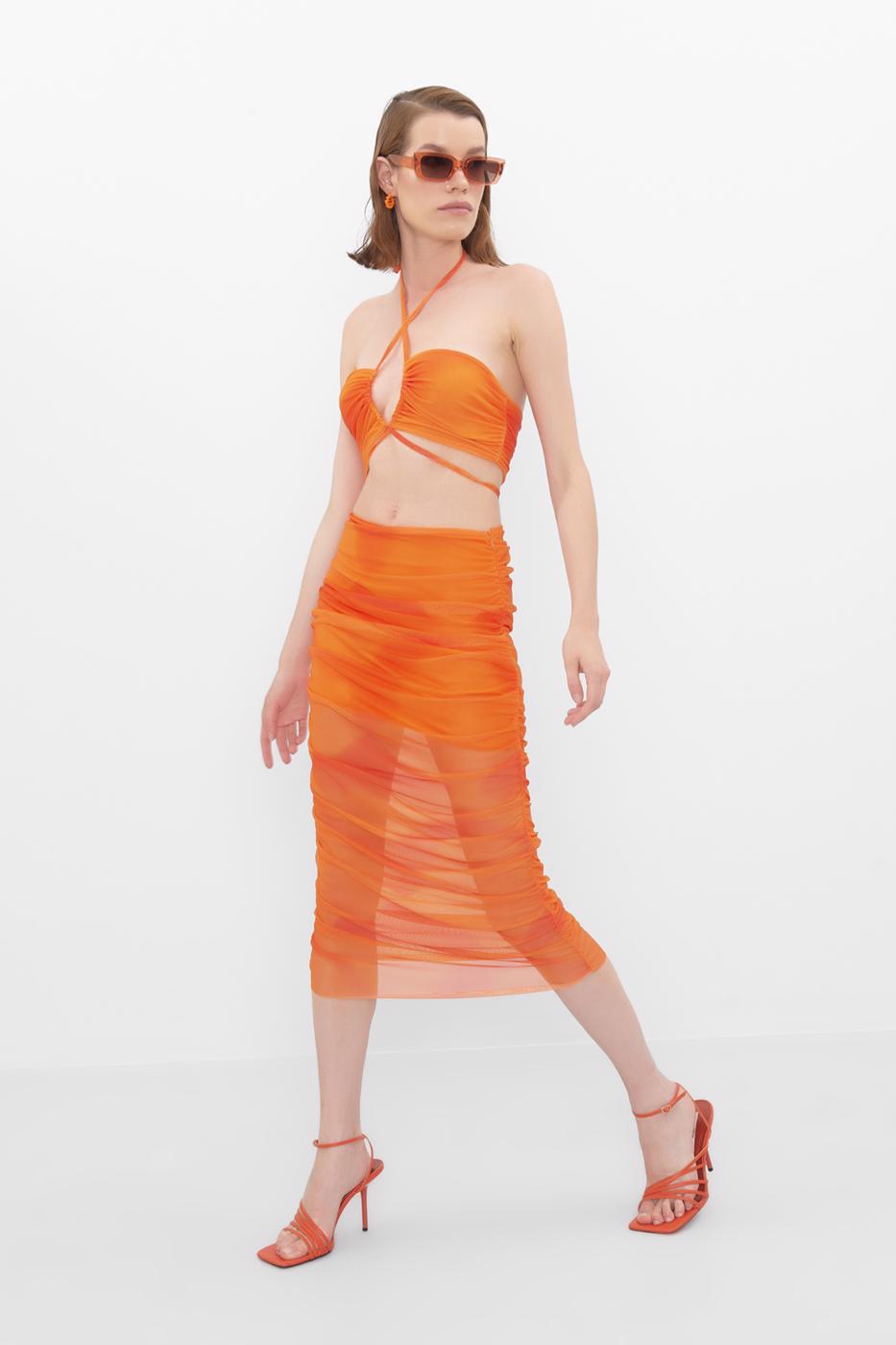 Bayan Oranj Midi Boy Kalem Etek