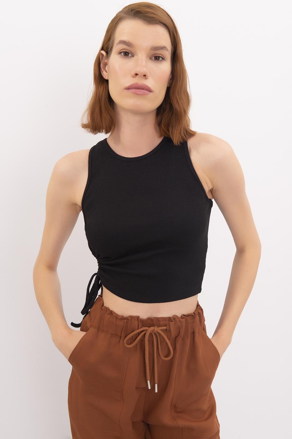 Bayan Siyah Halter Yaka Crop Body