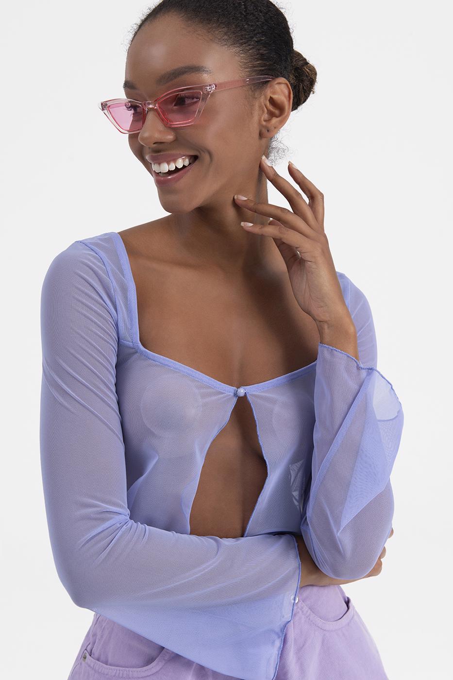 Bayan Lila Tül Crop Hırka