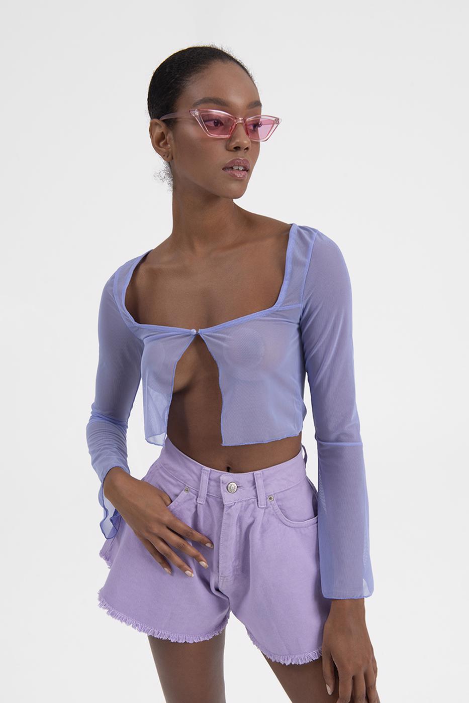 Bayan Lila Tül Crop Hırka