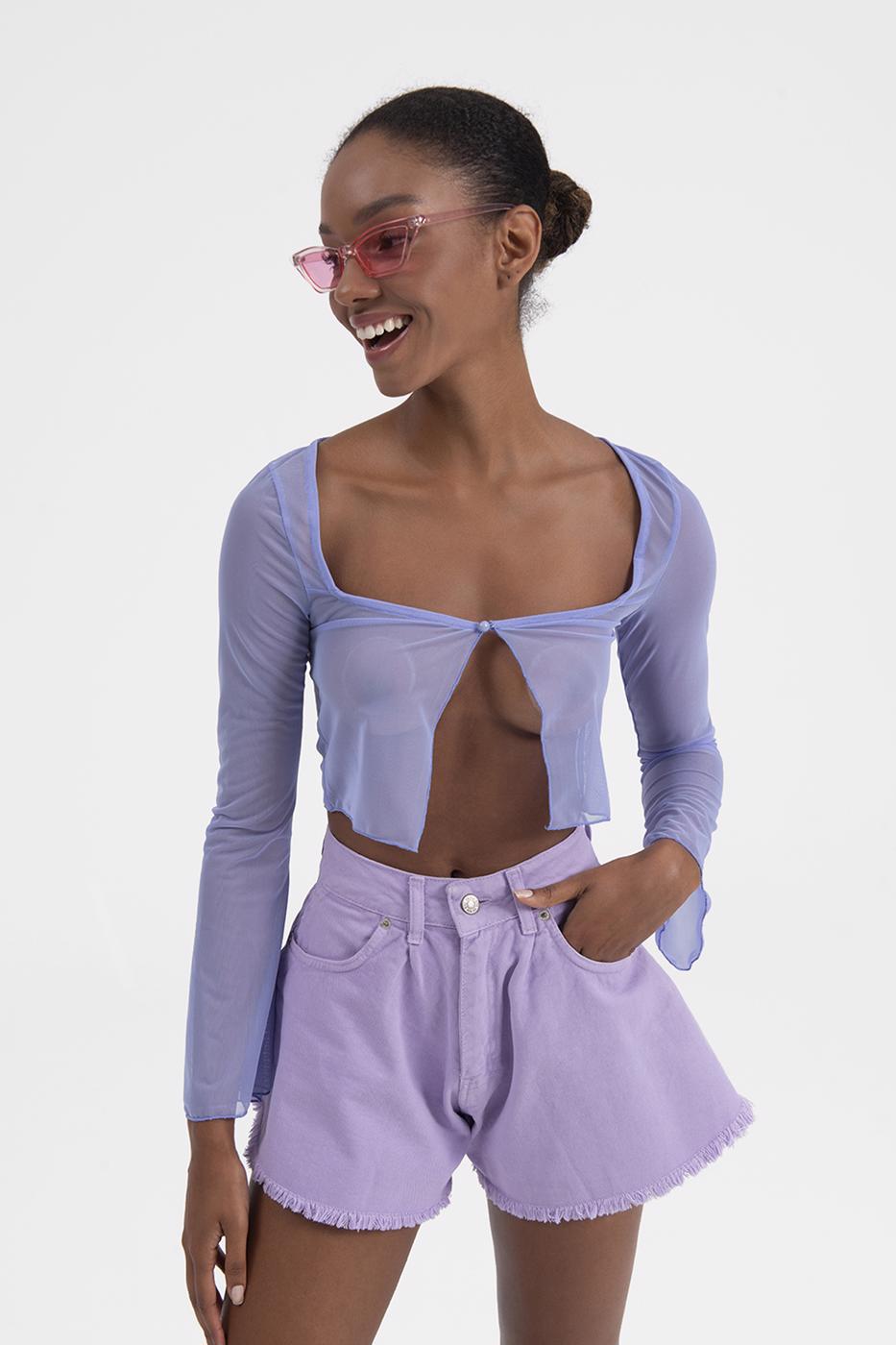 Bayan Lila Tül Crop Hırka