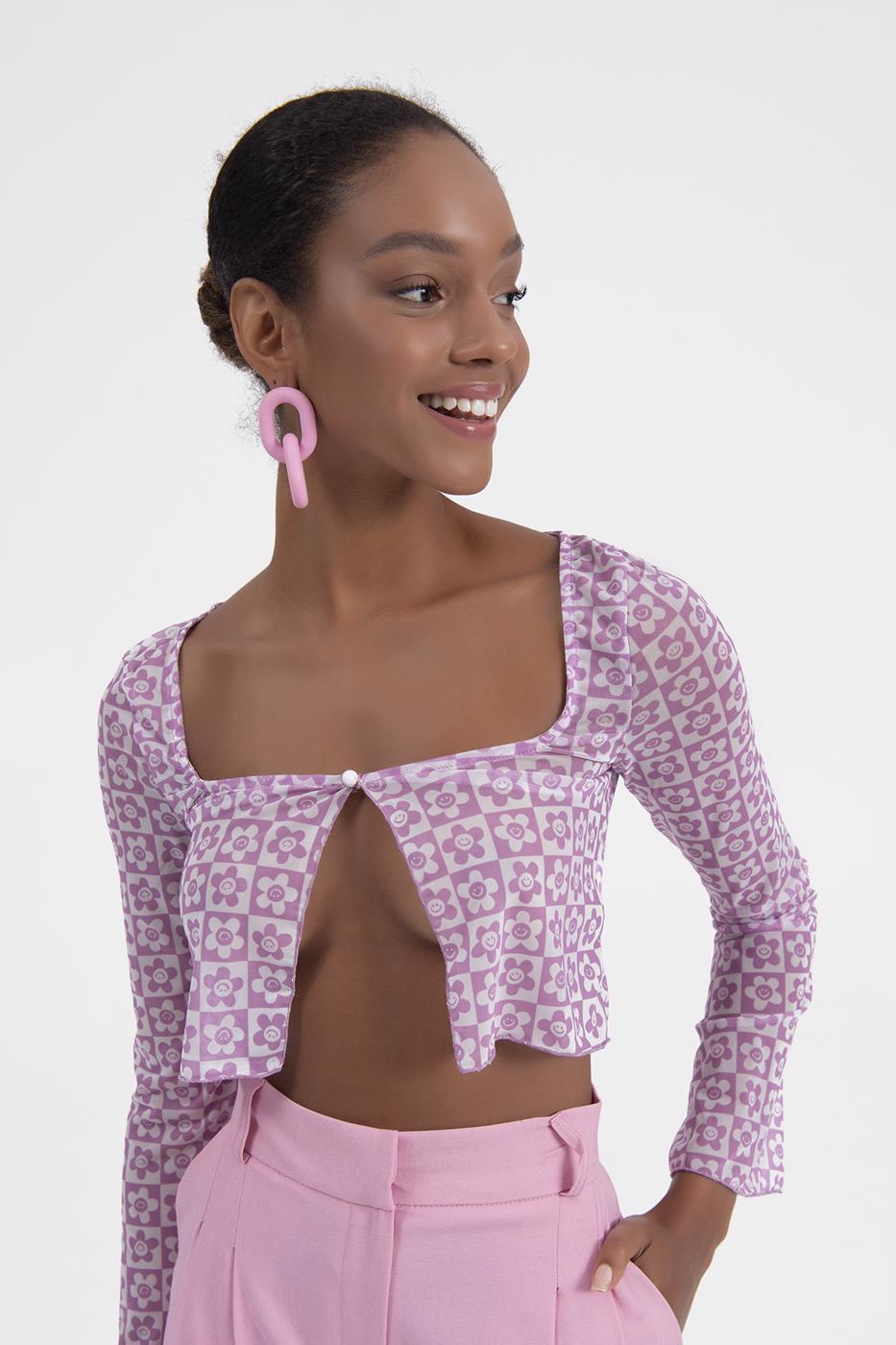 Bayan Pembe Tül Crop Hırka