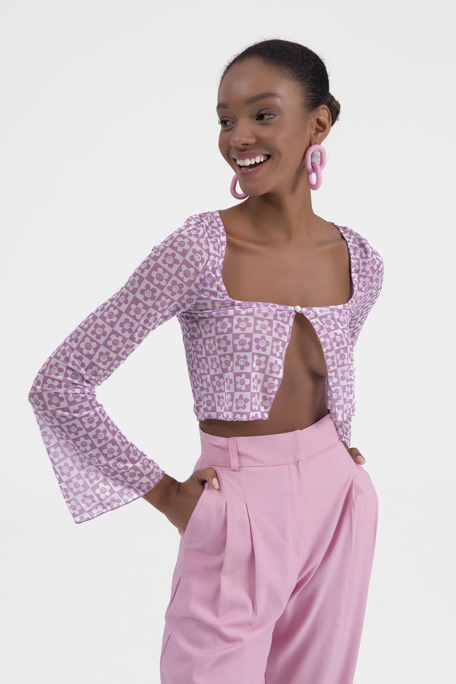 Bayan Pembe Tül Crop Hırka