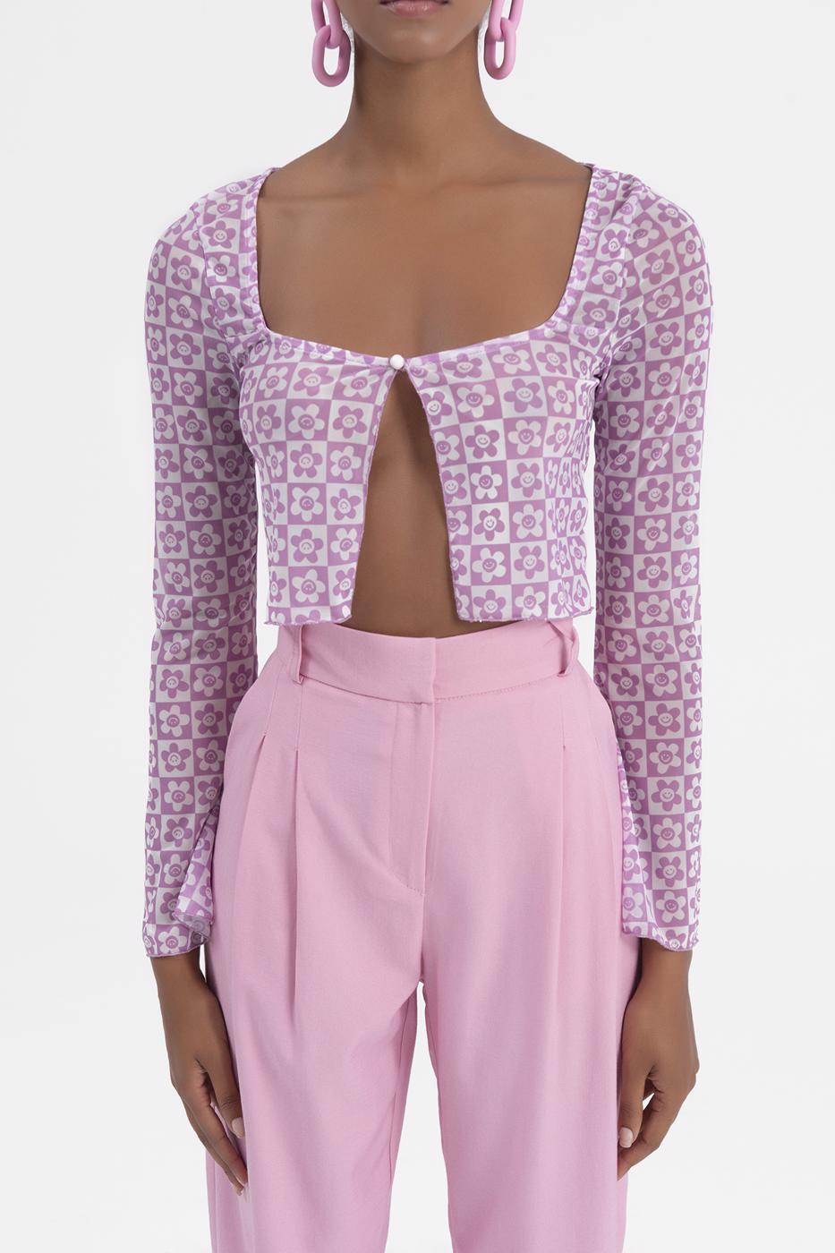 Bayan Pembe Tül Crop Hırka