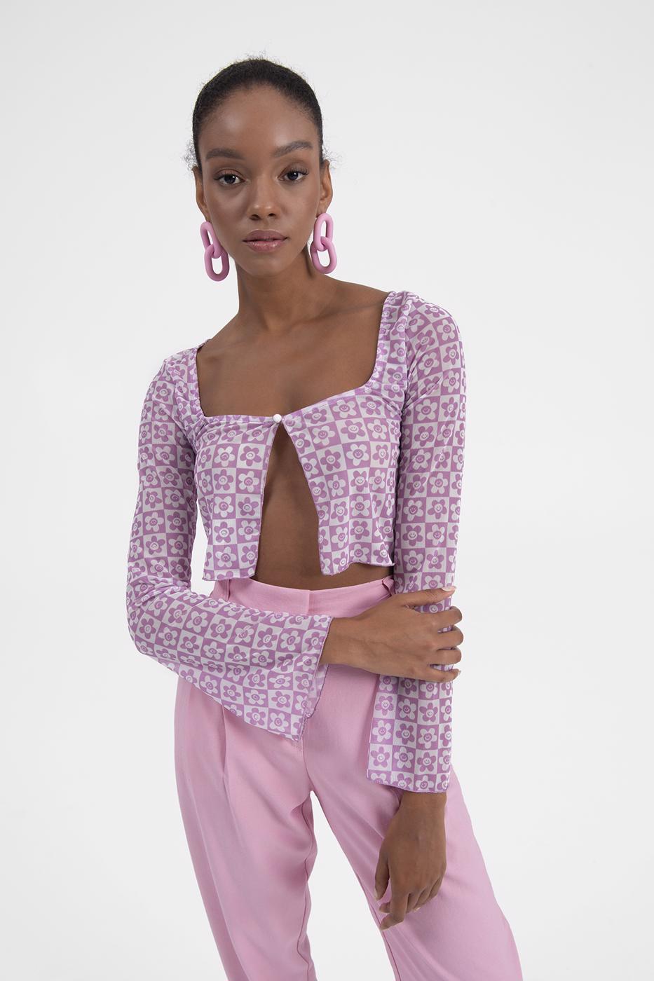 Bayan Pembe Tül Crop Hırka