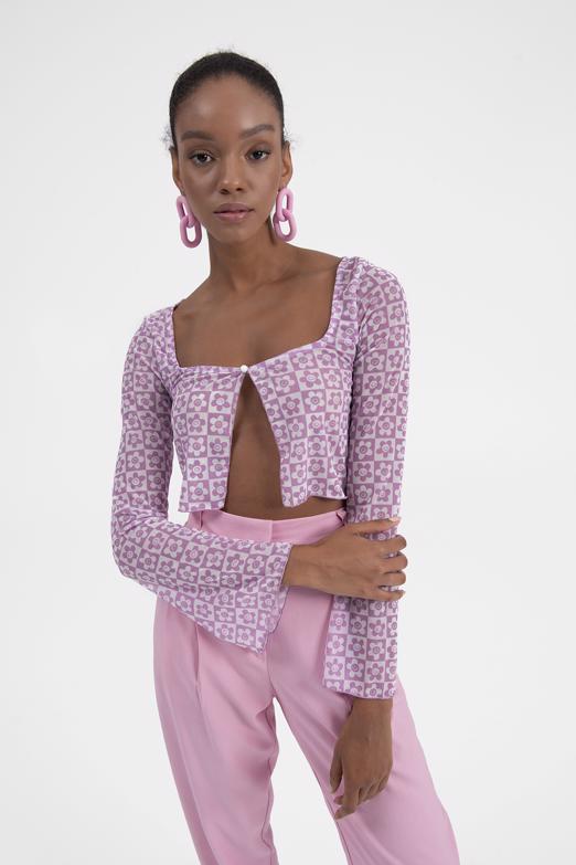 Bayan Pembe Tül Crop Hırka - BSL