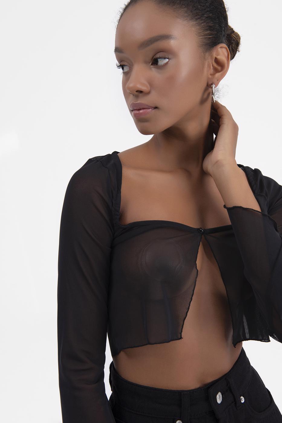 Bayan Siyah Tül Crop Hırka