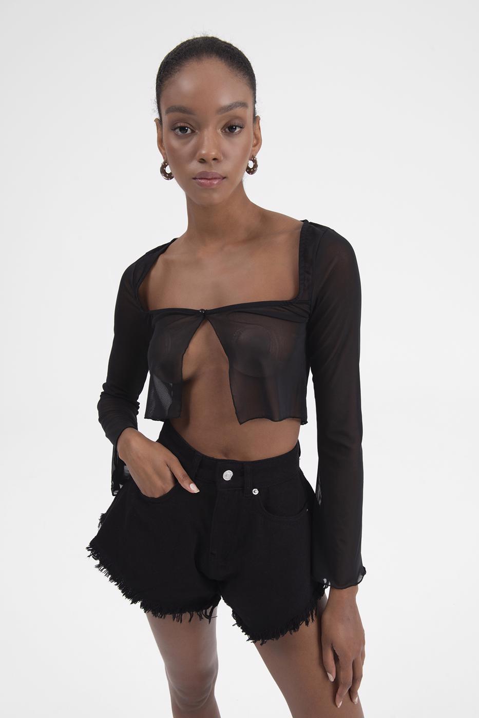 Bayan Siyah Tül Crop Hırka