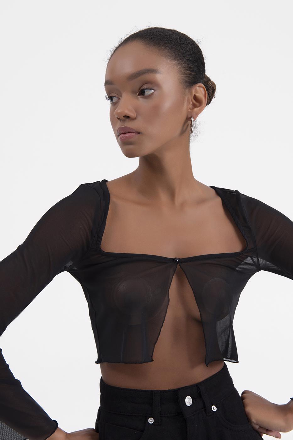 Bayan Siyah Tül Crop Hırka