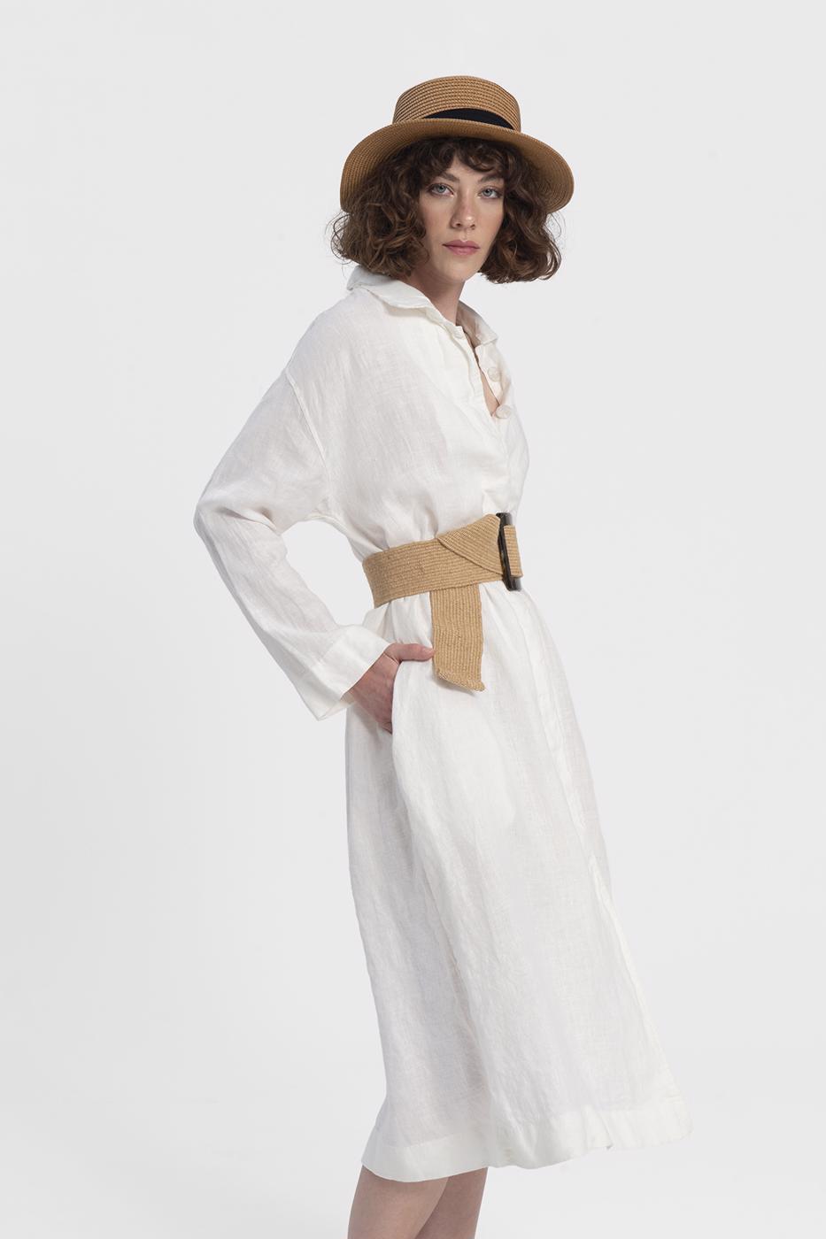 Bayan Beyaz Uzun Keten Trençkot