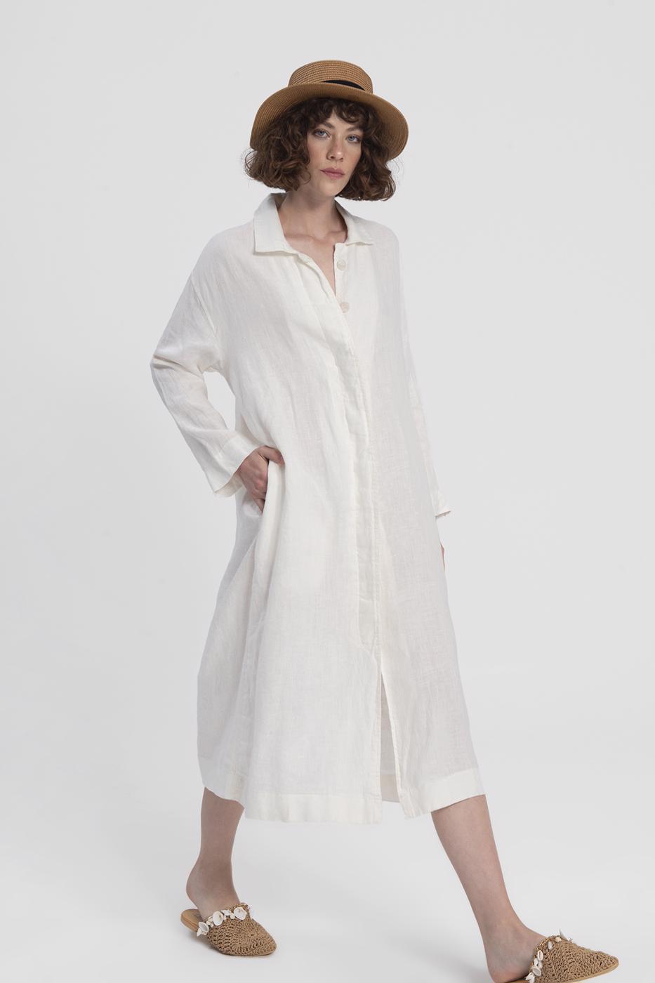 Bayan Beyaz Uzun Keten Trençkot