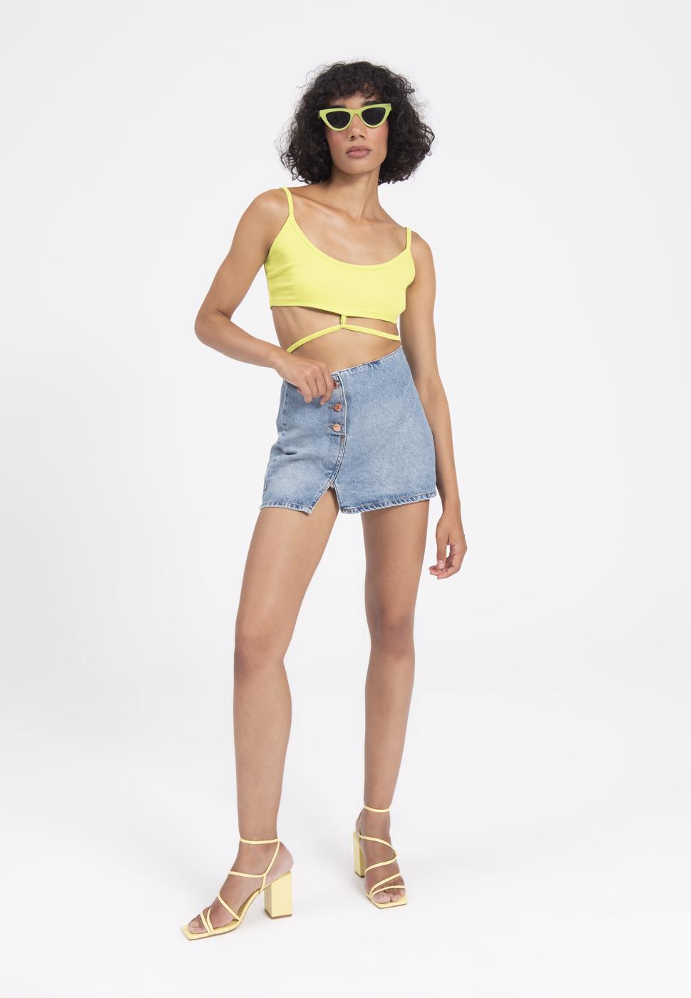 Bayan Mavi Düğmeli Denim Mini Etek