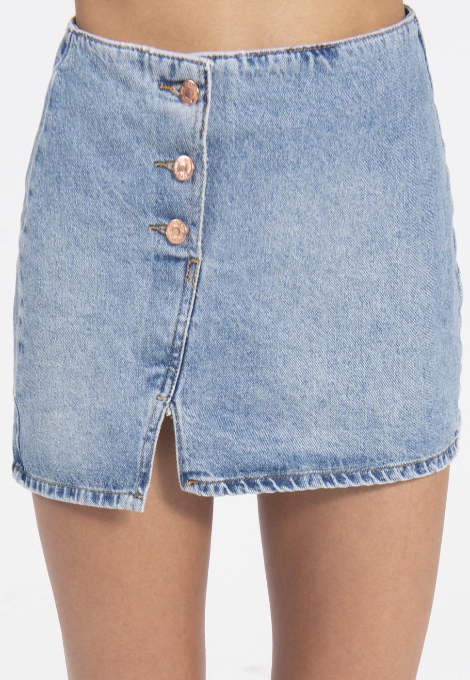 Bayan Mavi Düğmeli Denim Mini Etek