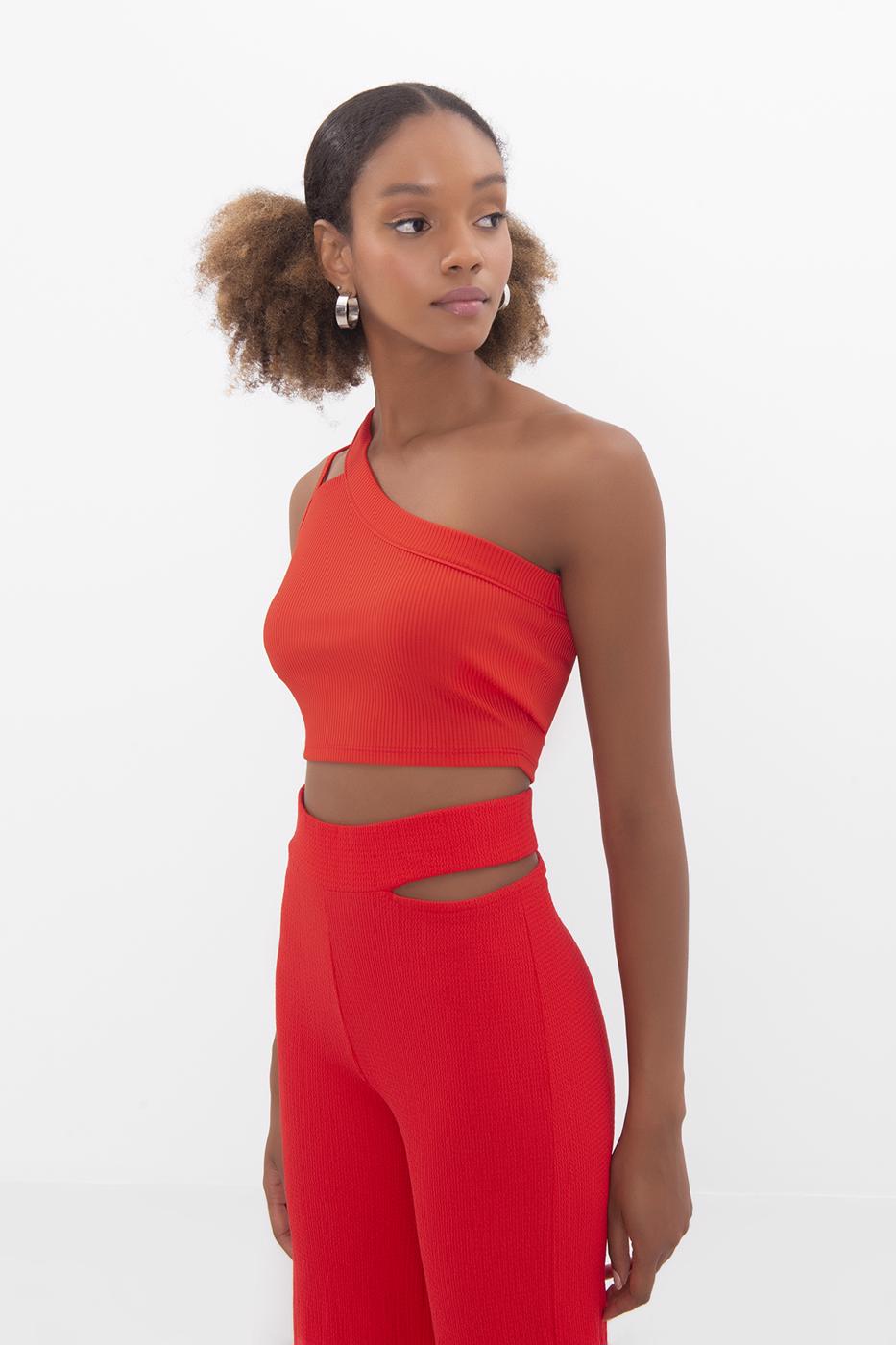 Bayan Kırmızı Tek Omuz Askılı Crop Body