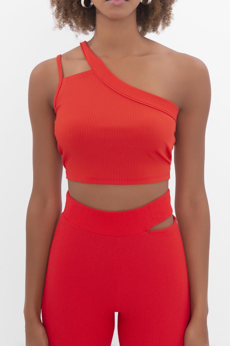 Bayan Kırmızı Tek Omuz Askılı Crop Body