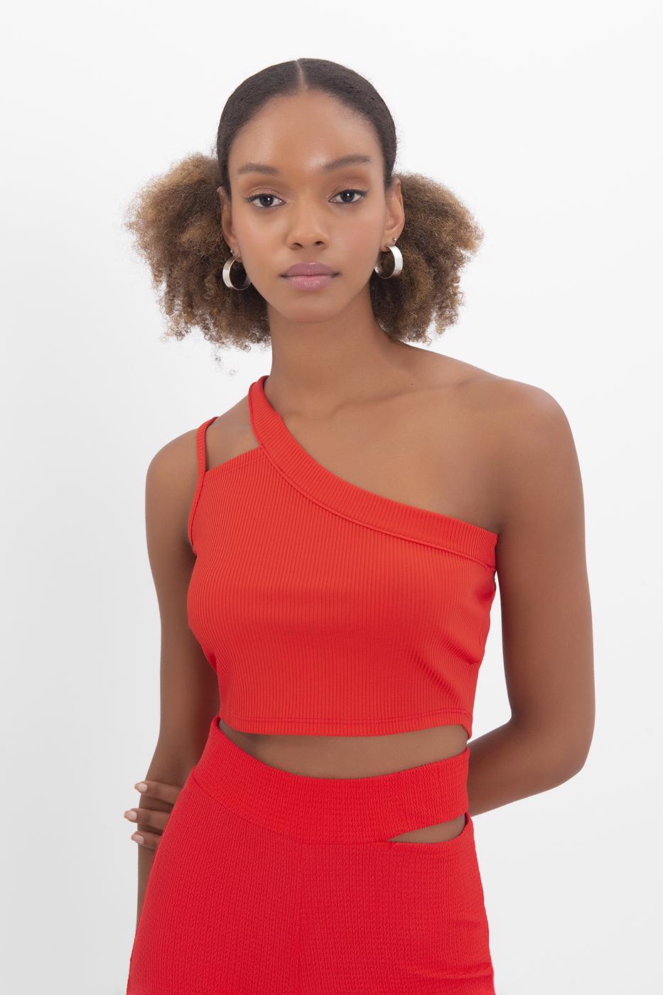 Bayan Kırmızı Tek Omuz Askılı Crop Body