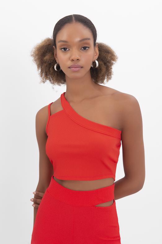 Bayan Kırmızı Tek Omuz Askılı Crop Body - BSL