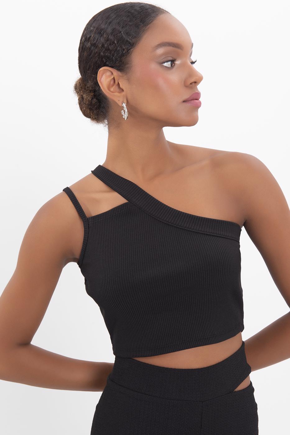 Bayan Siyah Tek Omuz Askılı Crop Body