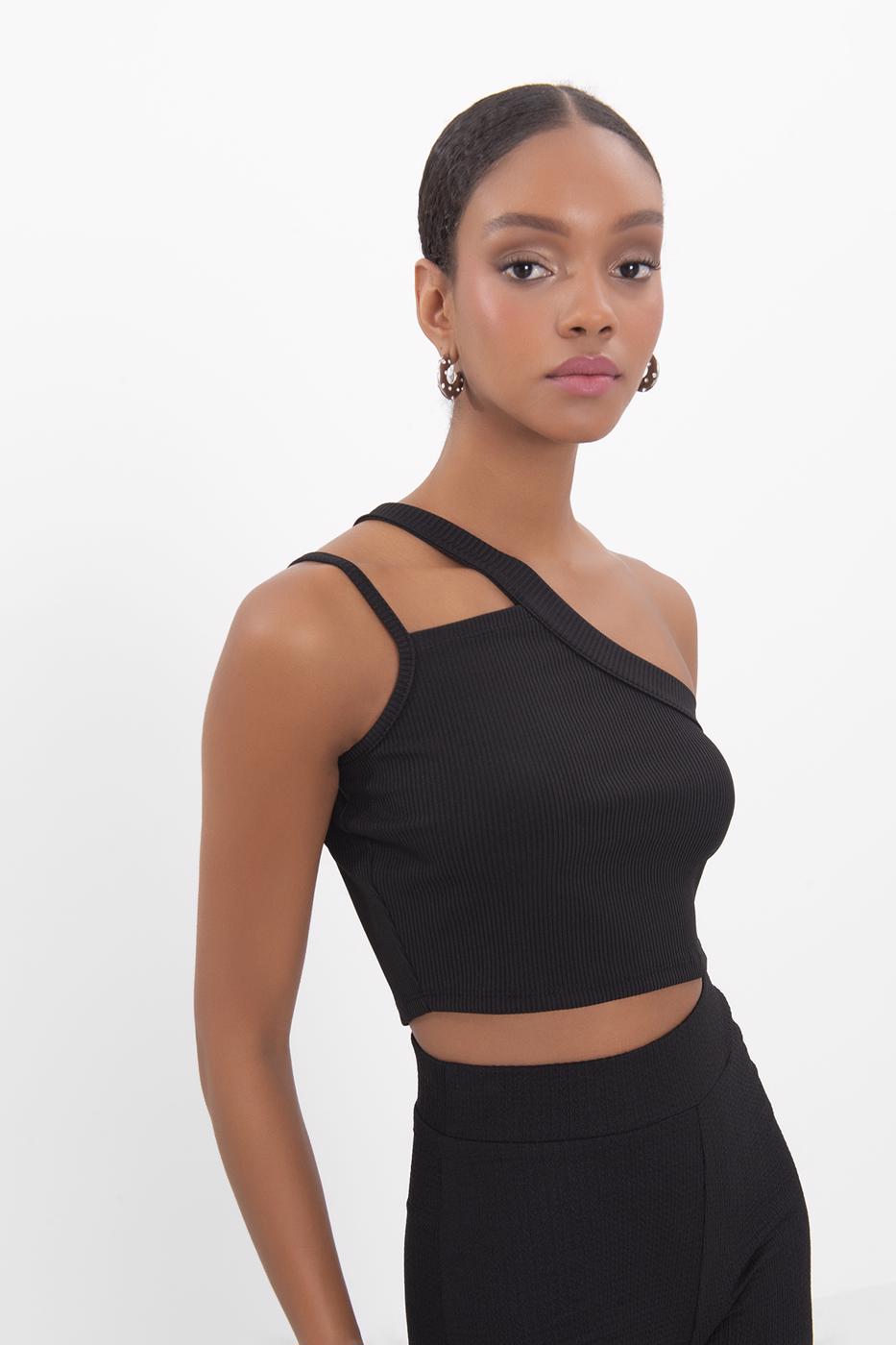 Bayan Siyah Tek Omuz Askılı Crop Body