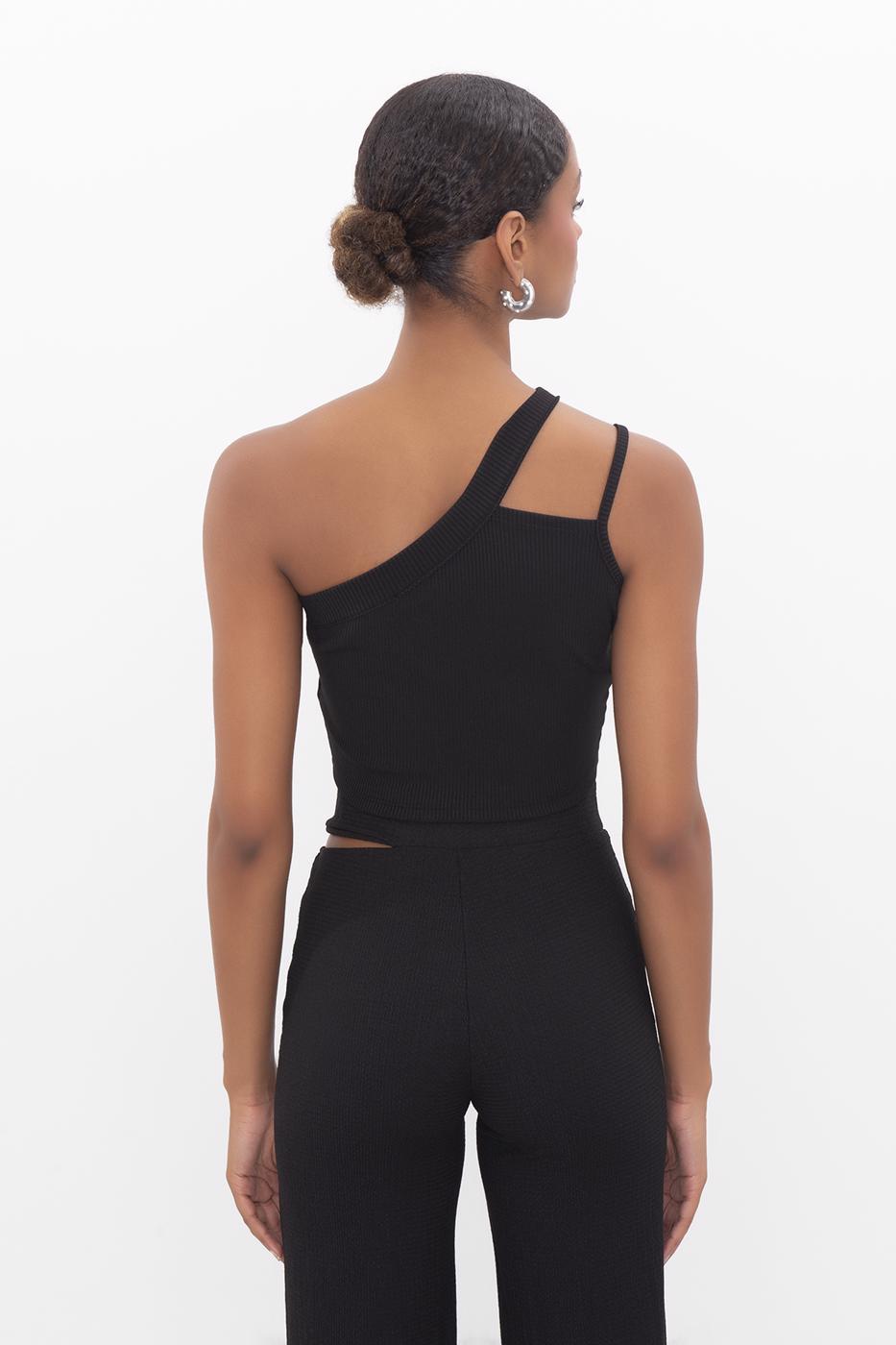 Bayan Siyah Tek Omuz Askılı Crop Body