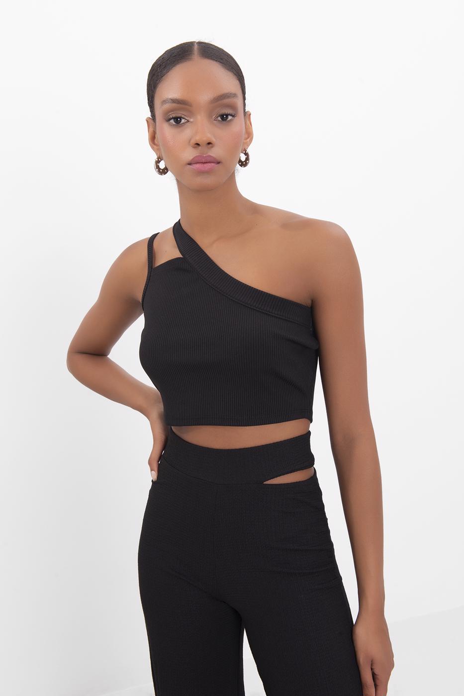 Bayan Siyah Tek Omuz Askılı Crop Body