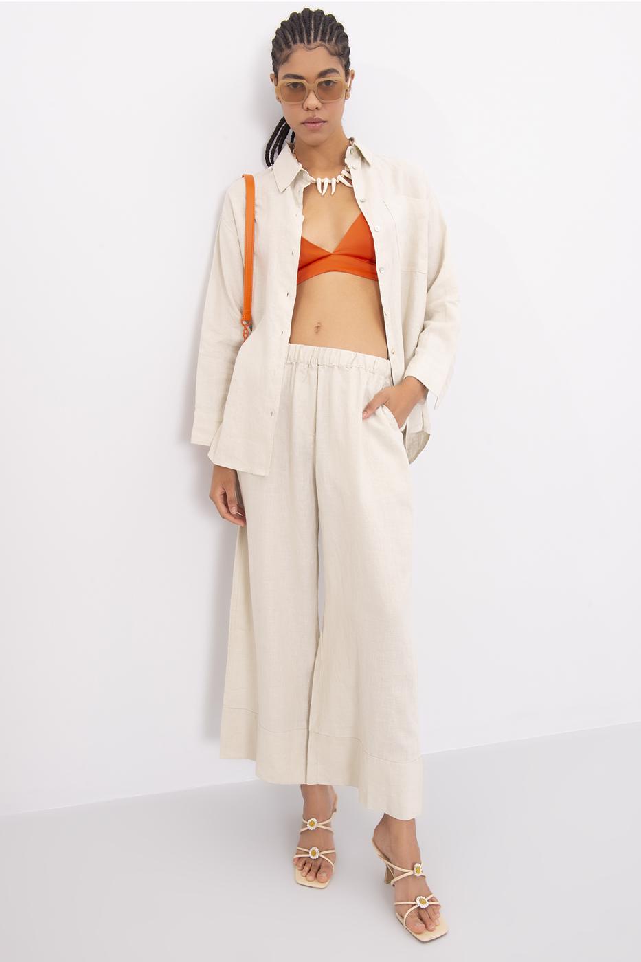 Bayan Bej Keten Bol Pantolon