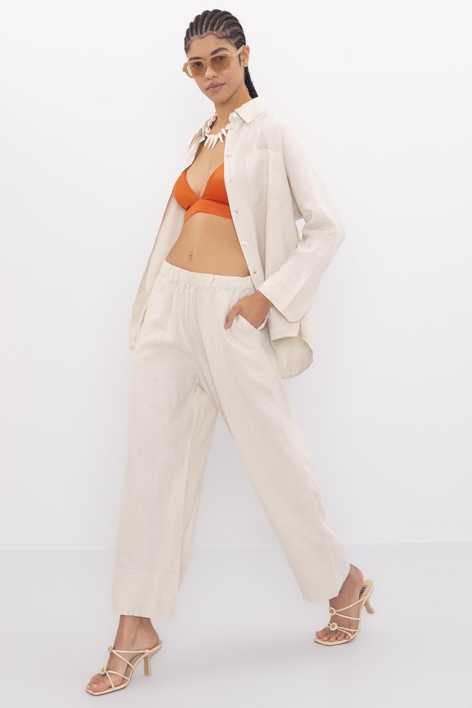 Bayan Bej Keten Bol Pantolon