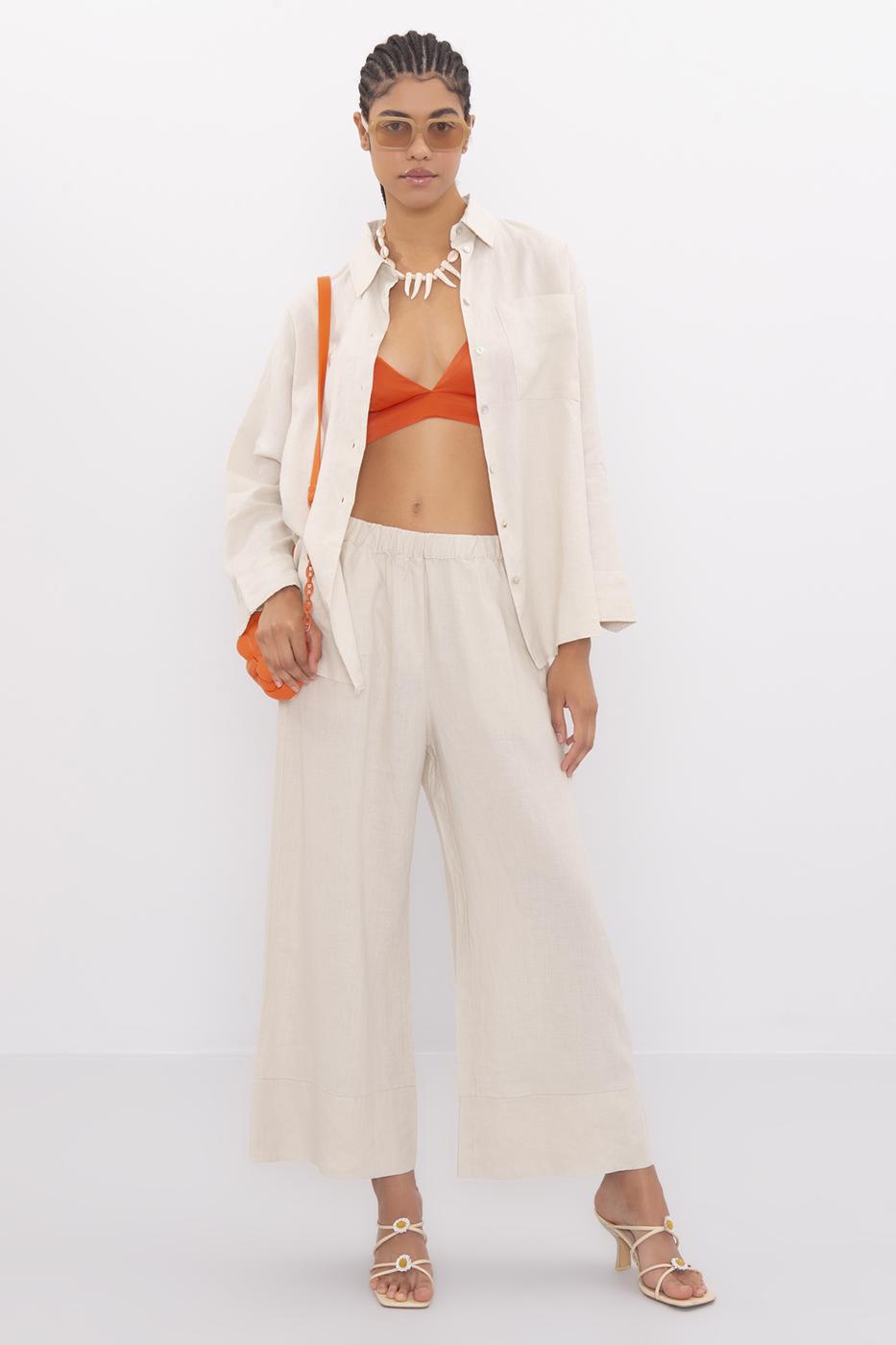 Bayan Bej Keten Bol Pantolon