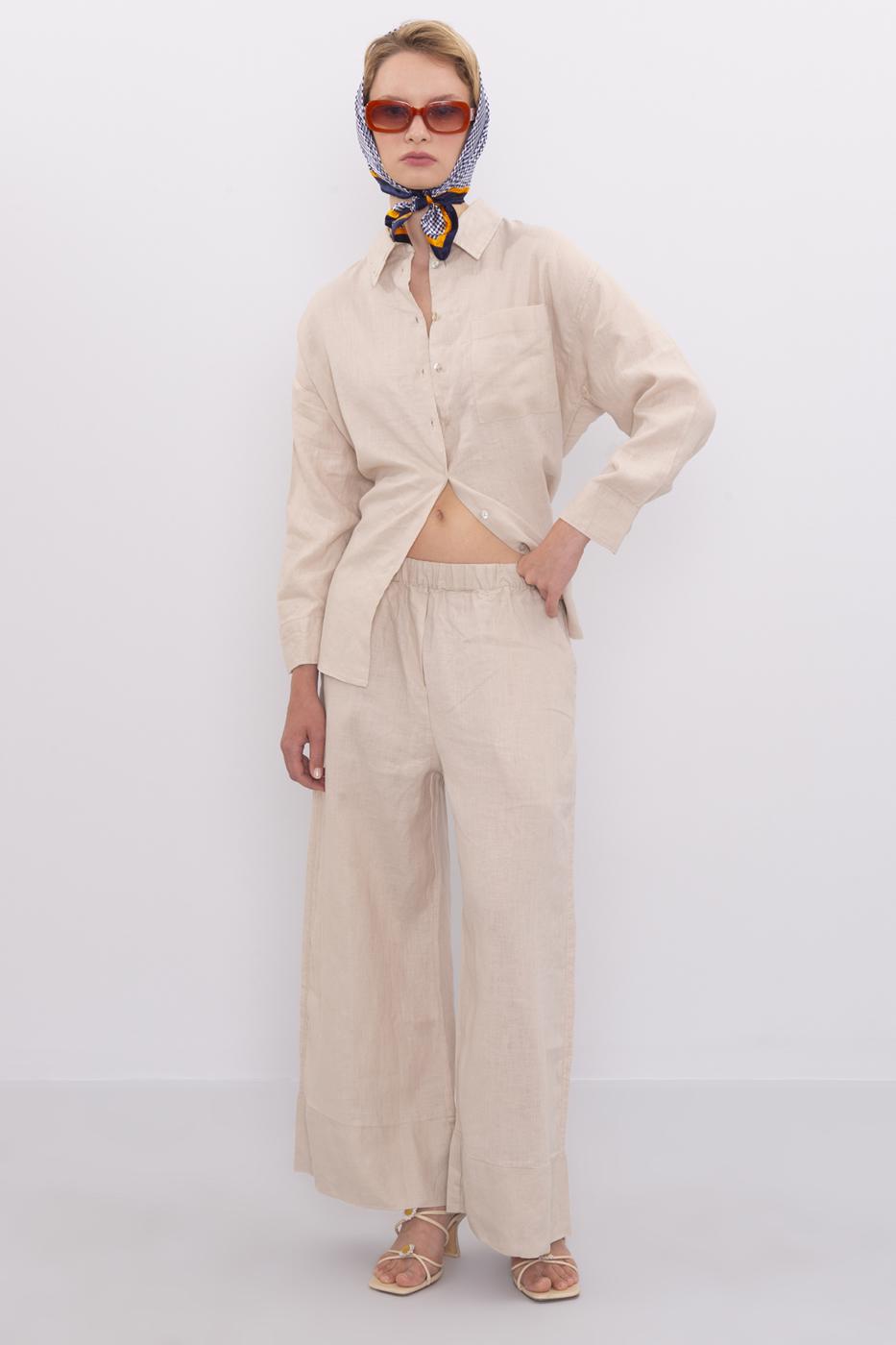 Bayan Bej Keten Bol Pantolon