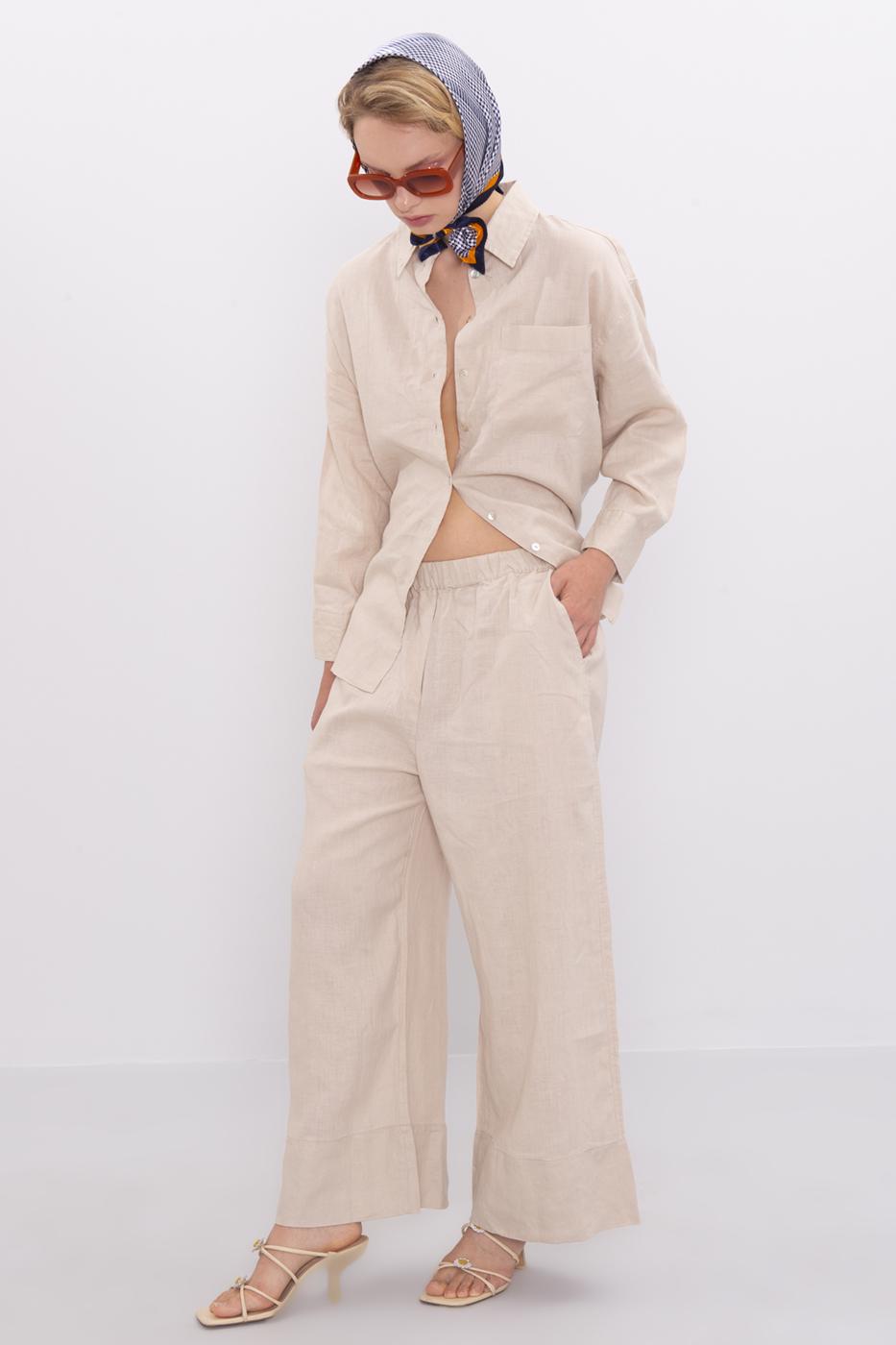 Bayan Bej Keten Bol Pantolon