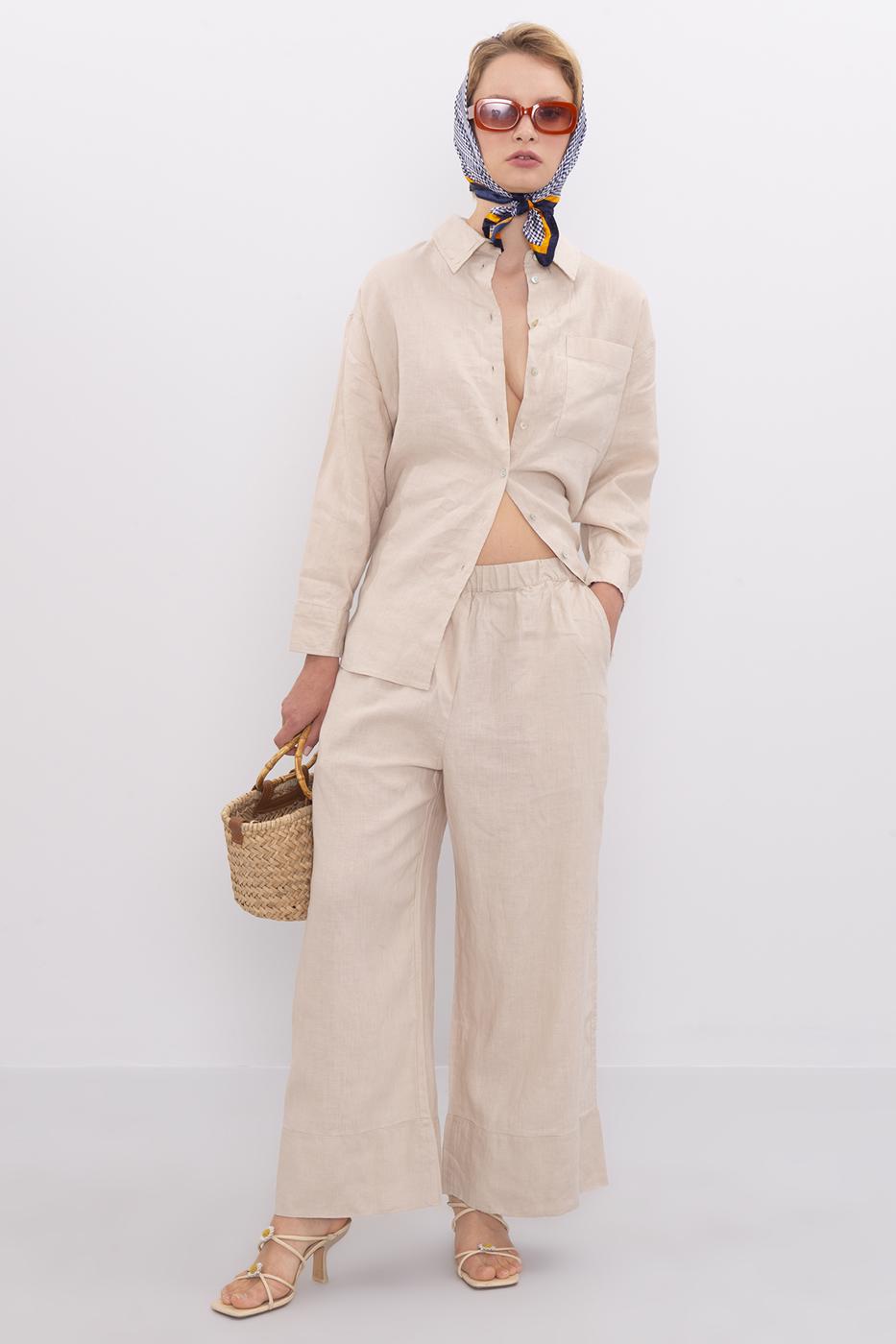 Bayan Bej Keten Bol Pantolon