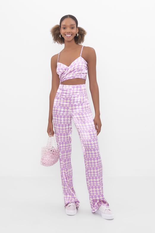 Bayan Lila Yüksek Bel Saten Pantolon - BSL