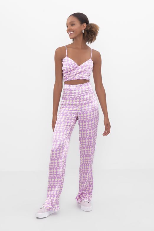 Bayan Lila Yüksek Bel Saten Pantolon - BSL