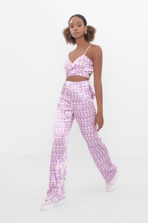 Bayan Lila Yüksek Bel Saten Pantolon - BSL