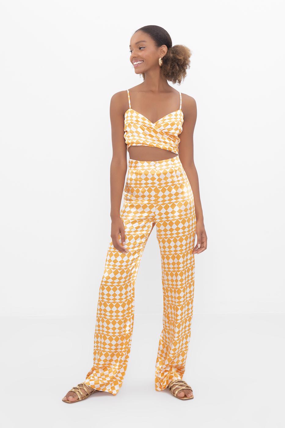 Bayan Oranj Yüksek Bel Saten Pantolon