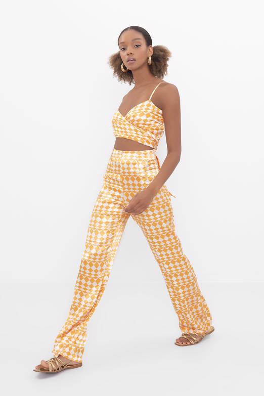 Bayan Oranj Yüksek Bel Saten Pantolon - BSL