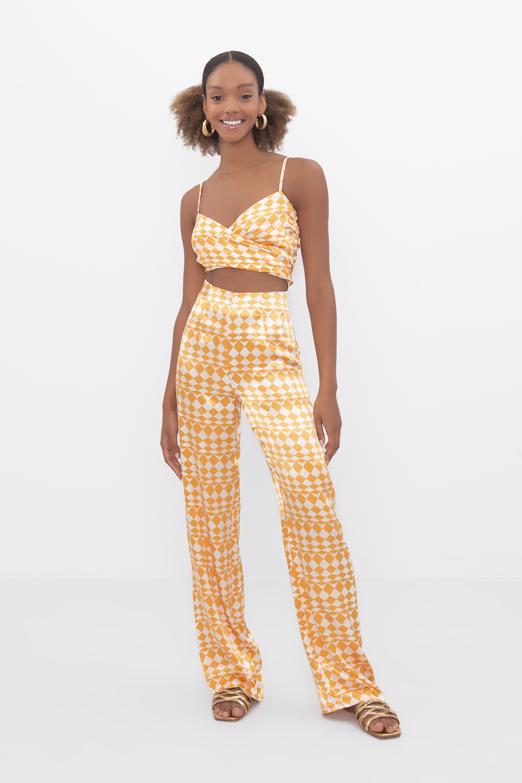 Bayan Oranj Yüksek Bel Saten Pantolon - BSL