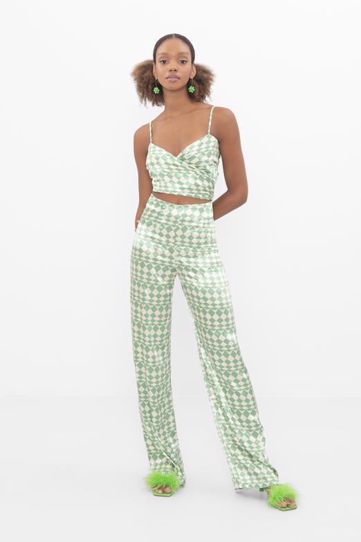 Bayan Yeşil Yüksek Bel Saten Pantolon - BSL