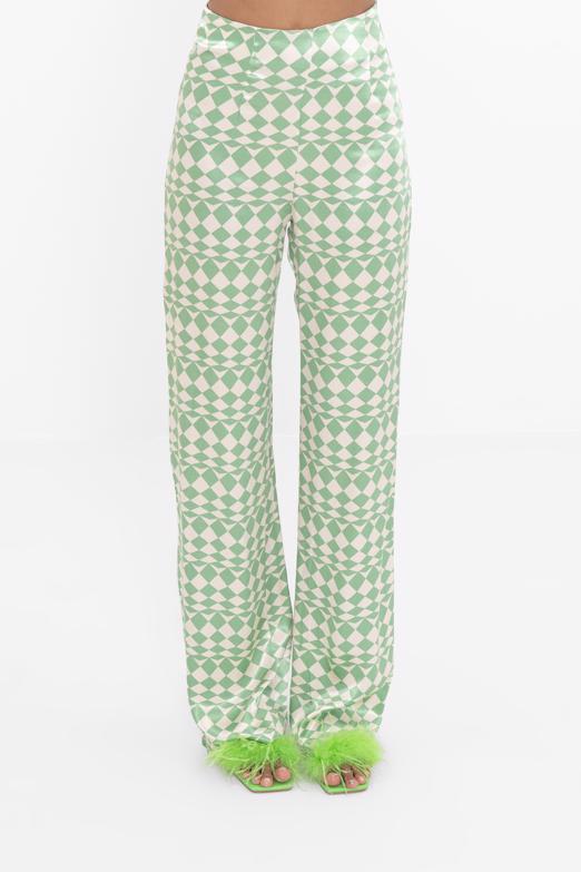 Bayan Yeşil Yüksek Bel Saten Pantolon - BSL